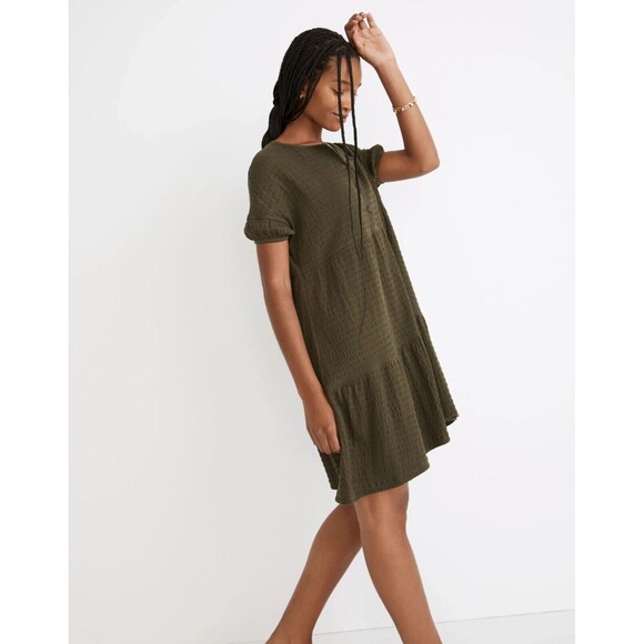 Madewell Mini Dress Medium Green Crinkle Knit Tiered Puff Sleeves Buttons NEW‎ - Picture 2 of 10